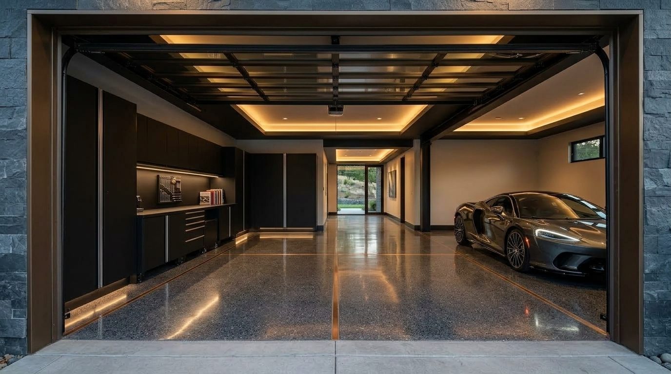 Roberts Garage Door Service Interior View of Custom Garage Door Overhead and Workshop
